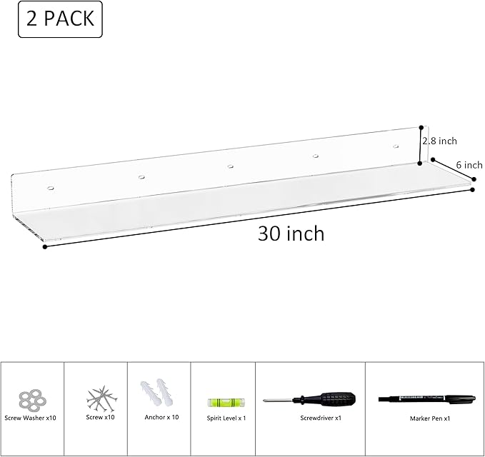 30 Inches Clear Long Floating Shelves (2 Pack)