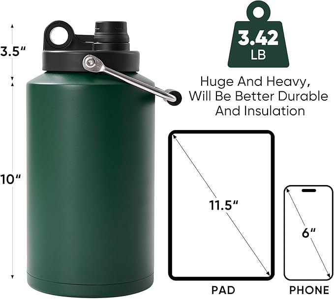 Insulated Gallon Jug with Handle, One Gallon, 128oz Stainless Steel, Large