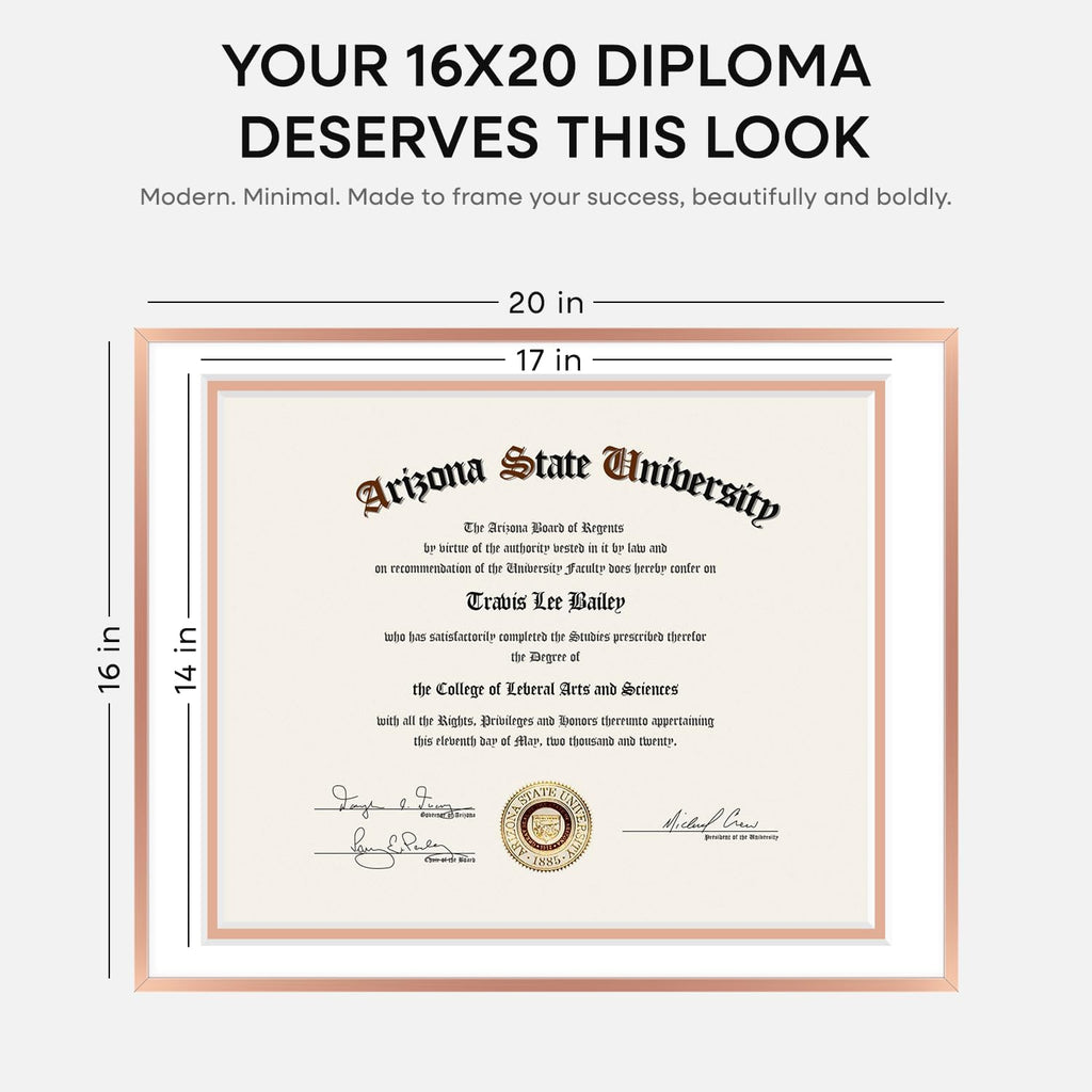 16x20 Rose Diploma Frame, High-End Metal, 14x17 Mat, Glass | High End Aluminum, Tempered Glass, Acid-Free 14x17 Removable Mat, 16x20 Edge-to-Edge Display 20x16, Wall Kit, Set Of 1