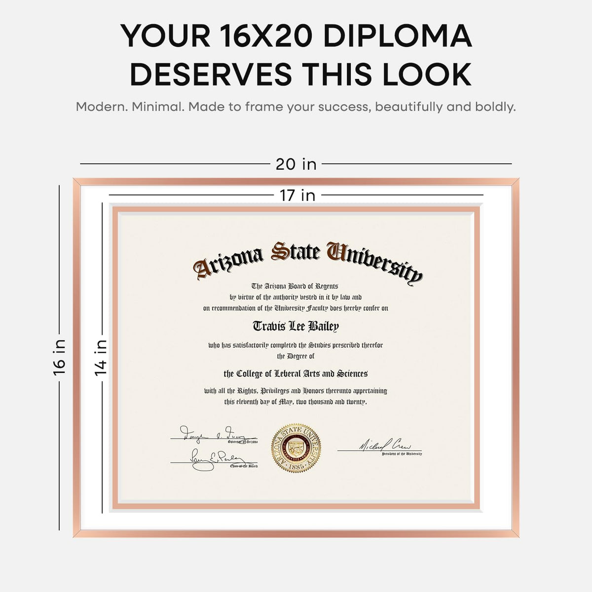 16x20 Rose Diploma Frame, High-End Metal, 14x17 Mat, Glass | High End Aluminum, Tempered Glass, Acid-Free 14x17 Removable Mat, 16x20 Edge-to-Edge Display 20x16, Wall Kit, Set Of 1