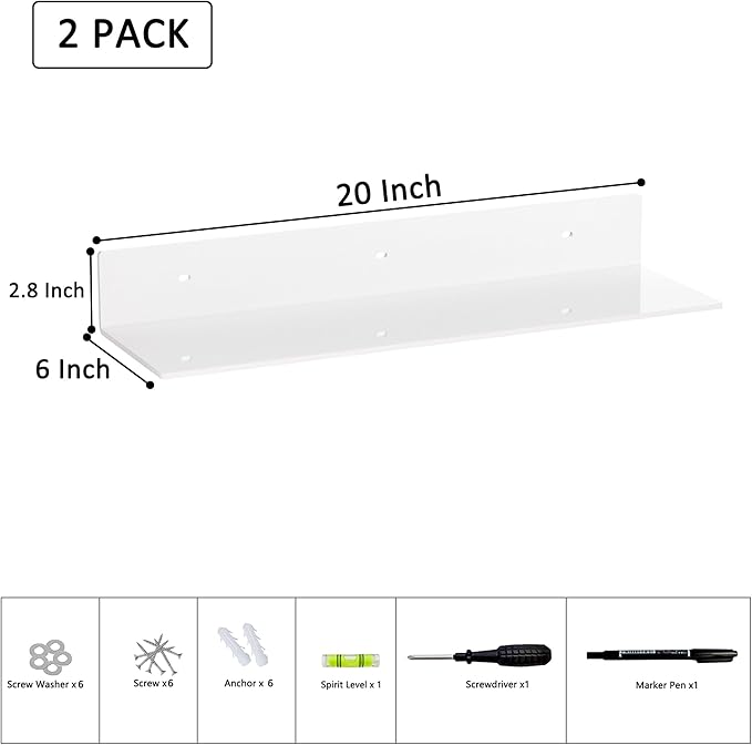 20 Inches Acrylic Wall Shelves 2 Pack, Floating Shelf