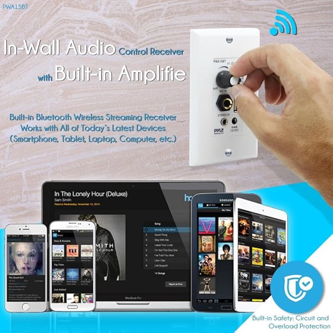 Pyle Wireless BT Receiver Wall Mount - 100W In-Wall Audio Control Receiver w/