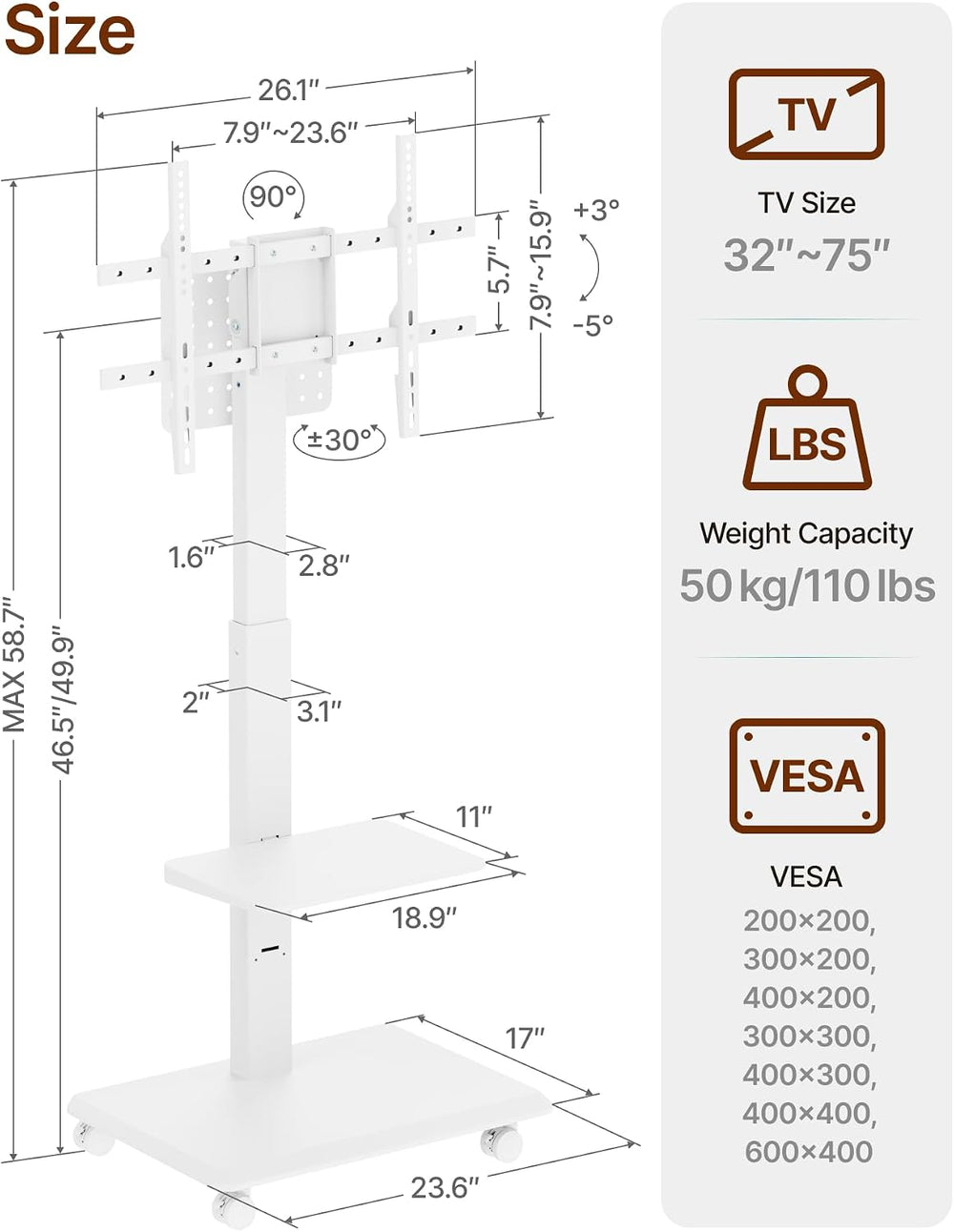 Steel Base Rolling TV Stand for 37-86 Inch TVs up to 110 lbs, White