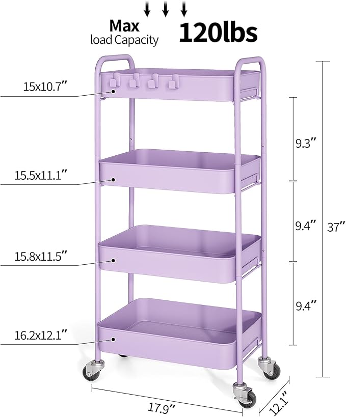 TOOLF 4-Tier Metal Rolling Cart