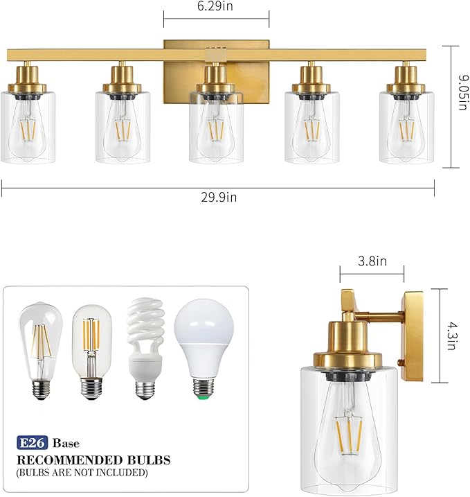 DIKAIDA 5 Light Gold Bathroom Vanity Light, Bathroom Light Fixtures