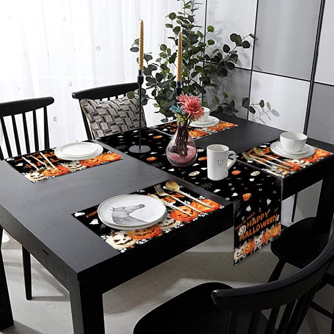 Happy Halloween Pumpkin Ghost Table Runner and Place Mats Set of 6 108 in