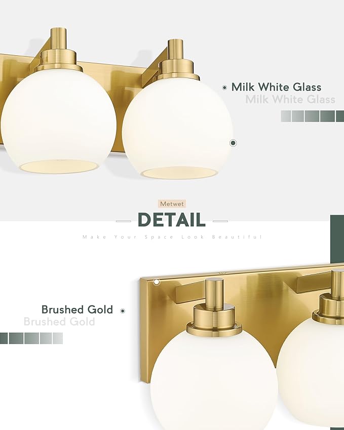 METWET Bathroom Light Fixtures, 3-Light Brushed Gold Vanity Light, Modern Wall