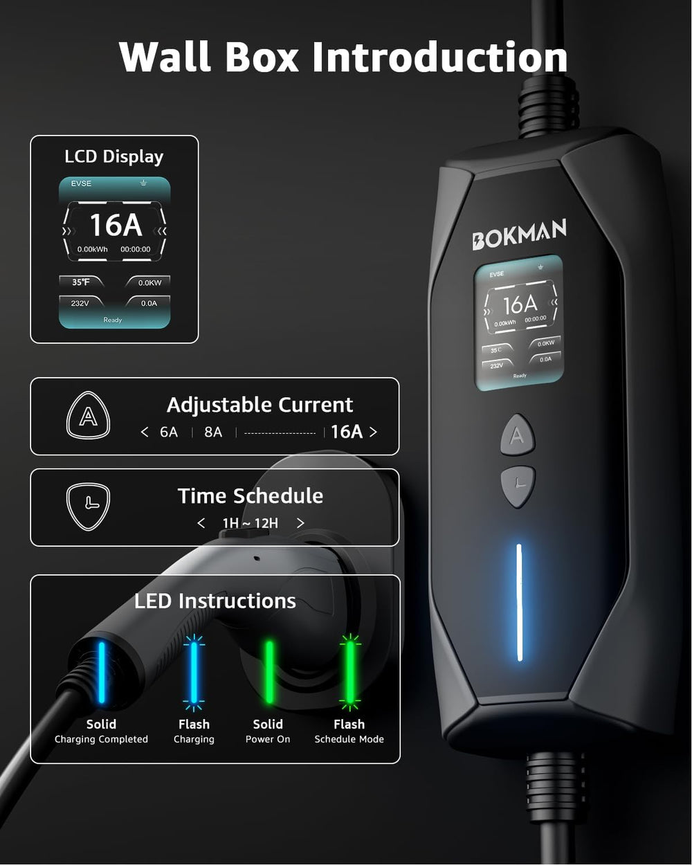 bokman Portable Level 1&2 EV Charger, 16A 20ft, NEMA 6-20P/5-15 Adapter