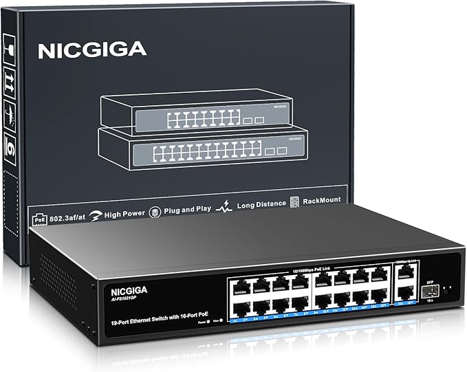 16 Port PoE Switch Unmanaged, 16 Port PoE+@250W, 2 Gigabit Uplink Ports