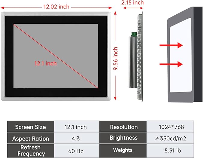 12.1-Inch Industrial Embedded Panel PC, Ratio 4:3 Multi-Touchscreen-Monitor