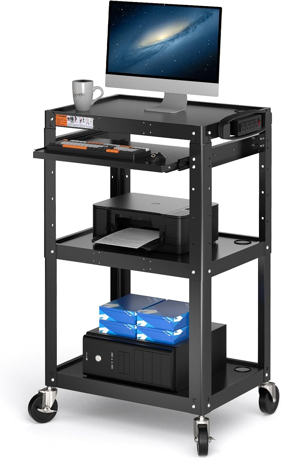 POCHAR Steel AV Cart on Wheels - Rolling Projector Cart with Height Adjustable Shelf, Pullout Keyboard Tray, Power Strip, Cord Management - Mobile Media Carts Computer Workstation for Office Classroom
