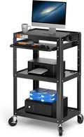 POCHAR Steel AV Cart on Wheels - Rolling Projector Cart with Height Adjustable Shelf, Pullout Keyboard Tray, Power Strip, Cord Management - Mobile Media Carts Computer Workstation for Office Classroom