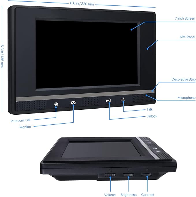 Wired Video Intercom System, 7 Inch Monitor and Aluminum Alloy Doorbell Camera