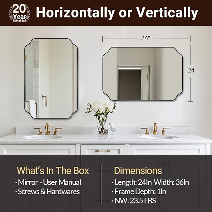 ANDY STAR Bathroom Vanity Mirror, 24x36 Inch Matte Black Mirror, Modern