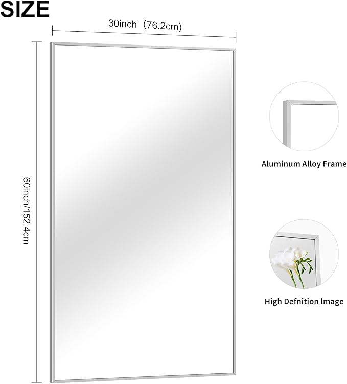 Silver Bathroom Mirror for Wall, 30x60 Inch Rectangle Mirrors