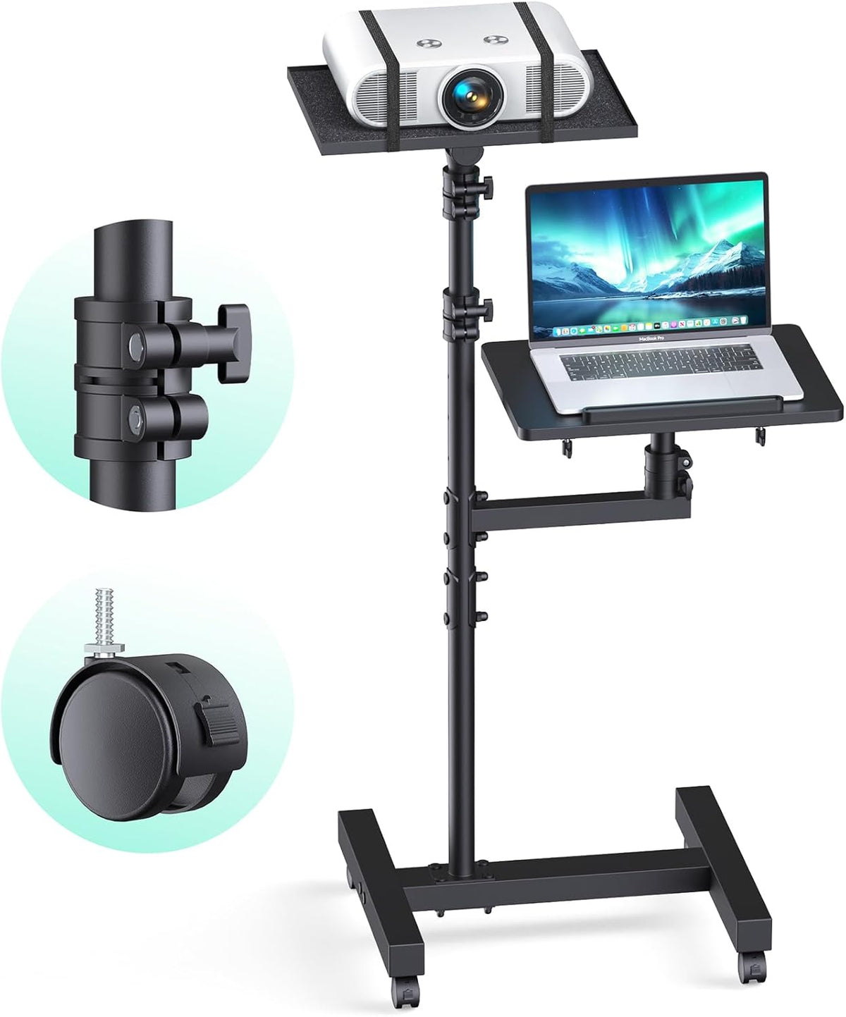 Projector Stand on Wheels, Dual-Tray Tripod Cart 45-64", Holds 20 lbs