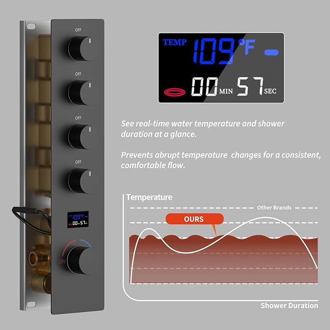 KATAIS Matte Black Shower System Digital Tempreature Display Thermostatic