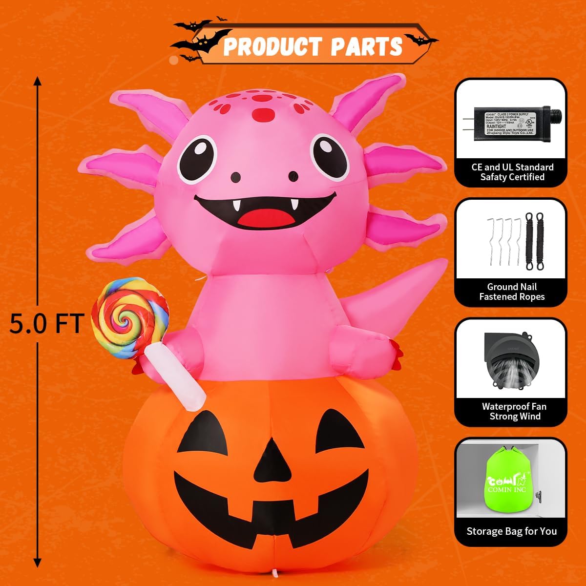COMIN 5 FT Halloween Inflatables Axolotl Pumpkin Outdoor Decorations Blow Up Yard with Built-in LEDs for Indoor Party Garden Lawn Decor