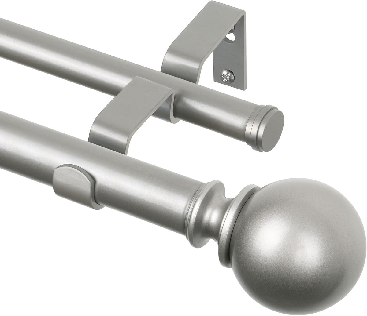KAMANINA Double Curtain Rods 66 to 120 Inches, Adjustable, Antique Silver | Heavy Duty 1 Inch, Dual Drapery Rod for Sliding Glass Door, Bedroom, Fewer Rods, Easy Install, Decorative Round Finials