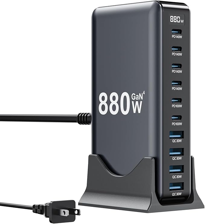 880W USB C Charger Block, 10-Port USB C Charging Station GaN IV Travel