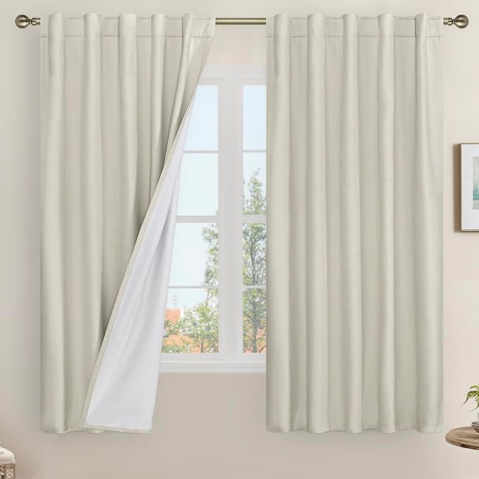 LAMIT 100% Blackout Linen Curtains, 63 Inches Linen Textured Thermal Bedroom
