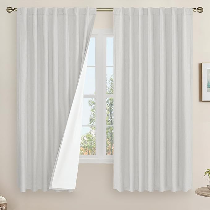 LAMIT 100% Blackout Linen Curtains 63 Inches Long, Linen Textured Living Room