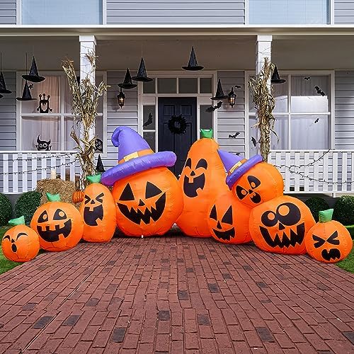 Joiedomi 12.5 FT Halloween Inflatable Pumpkin Outdoor Decorations, Blow Up Yard Decorations with Witch Hat, 9 Pcs Blow Up Pumpkin Inflatable with Built-in LEDs for Halloween Decor