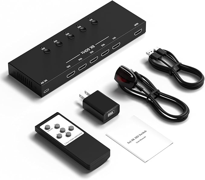 8K 5 in to 1 Out HDMI Switcher，5 Way HDMI Converter & Infrared Remote Control