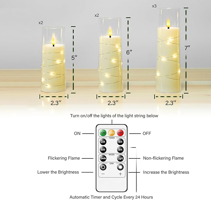 Flameless Candles with Embedded Star String, Battery Operated LED Pillar (Set of 7)