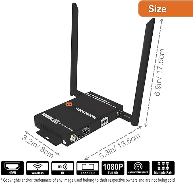 J-Tech Digital 1X2 Wireless HDMI Extender 200’ Dual Antenna Supporting Full HD