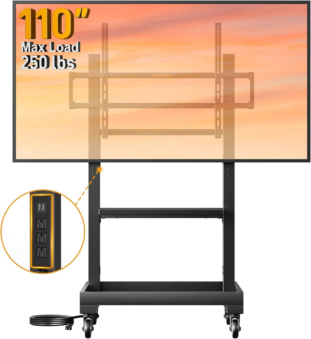 Perlegear Rolling TV Stand with Power Outlet for 32–110 inch TVs, 250 lbs