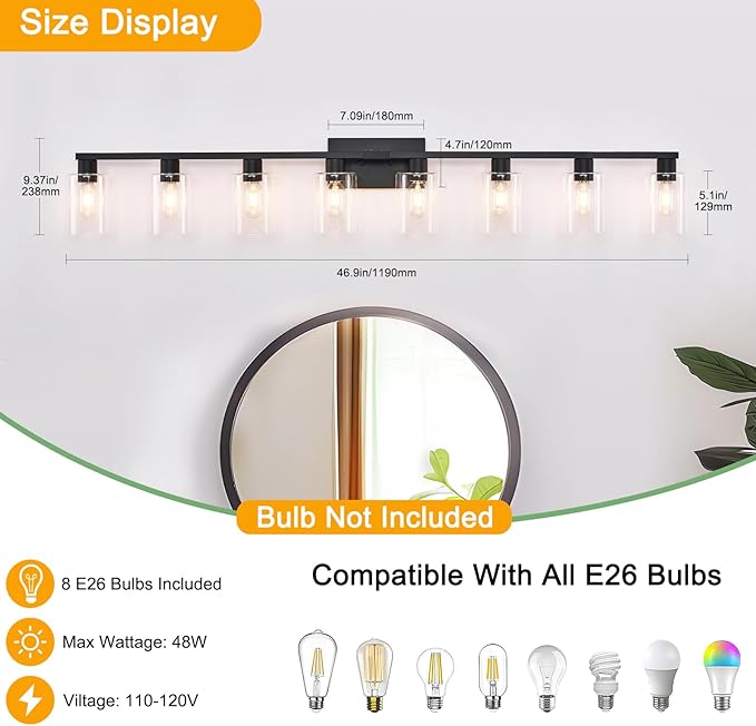 SOPEAS 8-Light Black Vanity Light Fixtures, Vanity Lights Clear Glass ShadeRust
