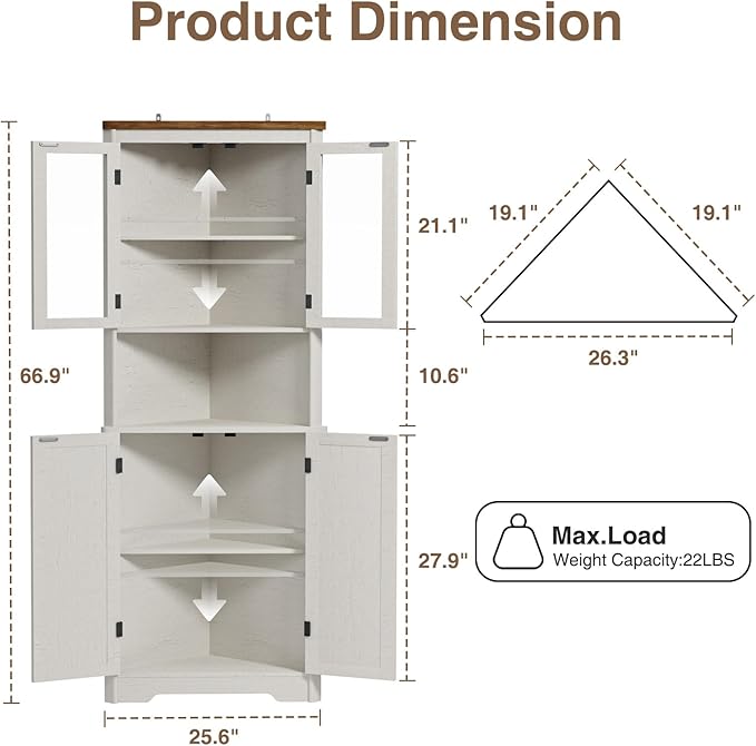 67''H Tall Corner Cabinet with 4 Tempered Glass Doors and Barn Doors, Farmhouse