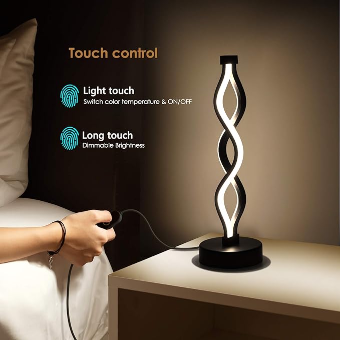 NUÜR Infinity Spiral LED Table Lamp Black, Dimmable Metallic Bedside Lamp