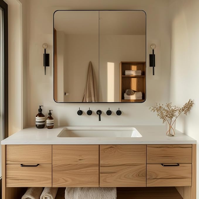 ANDY STAR Square Wall Mirror for Bathroom, 24”x24” Matte Black Bathroom Mirror