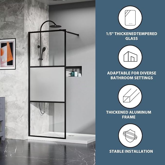 Goodyo Shower Door 34“ X 72” Fixed Frost Tempered Glass Shower Screen Panel (3 Pieces)