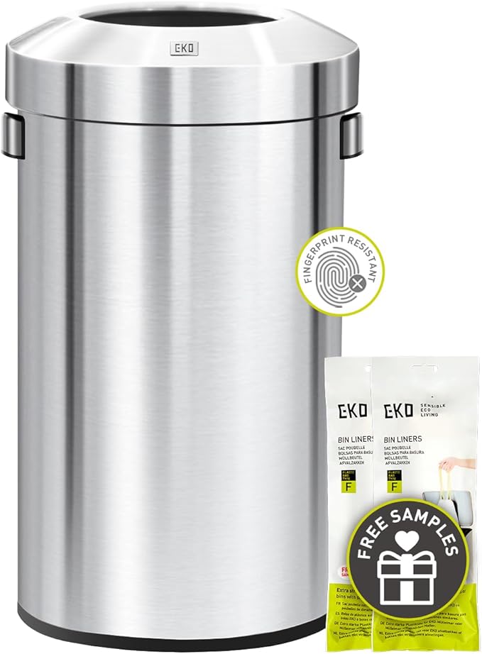 EKO 16-Gallon Round Stainless Steel Open Top Trash Can, Large Commercial Waste