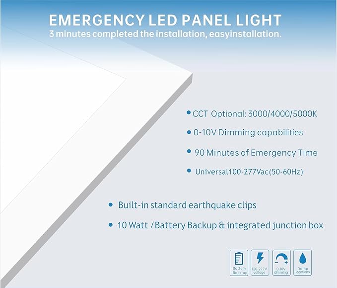 2X2 LED Flat Panel Light Emergency Battery Backup, 40W-3000K/4000K/5000K (8 Pack)