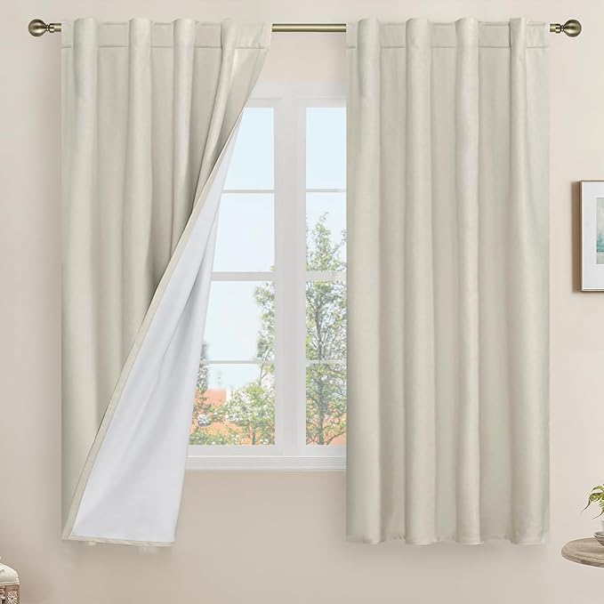 LAMIT Natural 100% Blackout Linen Curtains, 63 Inches Linen Textured Thermal