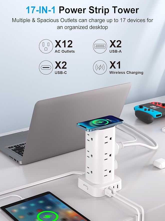 Power Strip with Wireless Charger, Flat Plug Surge Protector with 10FT