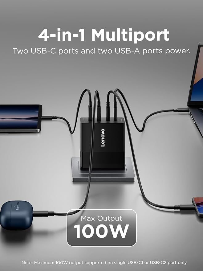 Lenovo 100W USB C Charger, 4-Port Multi-Device Fast Charging,