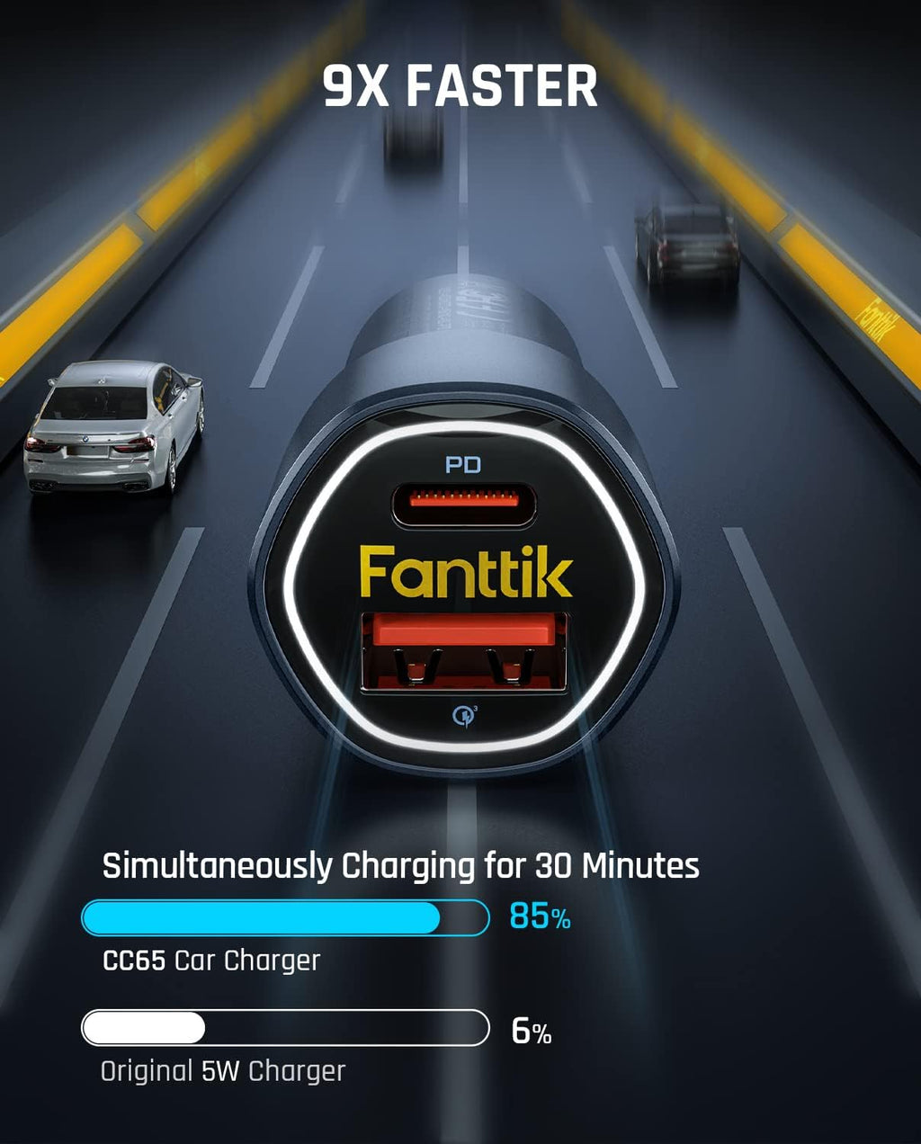 fanttik 65w usb c car charger, dual port shown in use