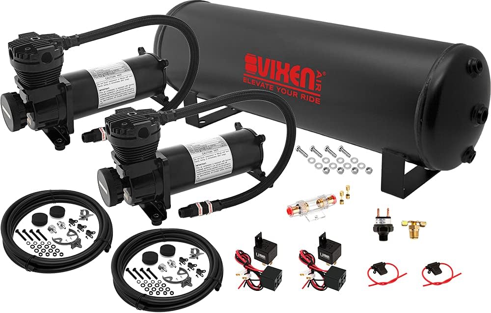 Vixen Air 12V Air Suspension Kit with 200 PSI Compressors and 4 Gallon Tank Onboard Air Ride System for Truck, RV, Car | for Air Bags, Air Springs, Heavy Load Leveling, Towing, Train Horns, VXO4841DB