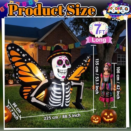 7FT Halloween Inflatables Skeleton with Butterfly Wings for Roof Yard Decor