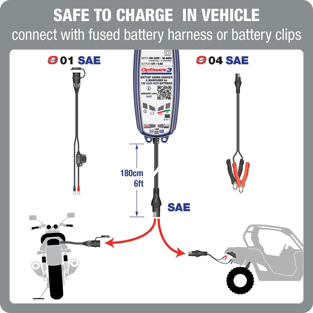 optimate3 0.8a, smart battery saving charger for 12v, side view