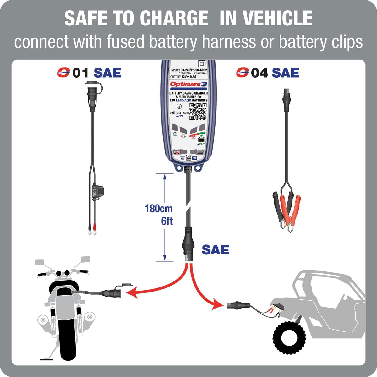 optimate3 0.8a, smart battery saving charger for 12v, side view