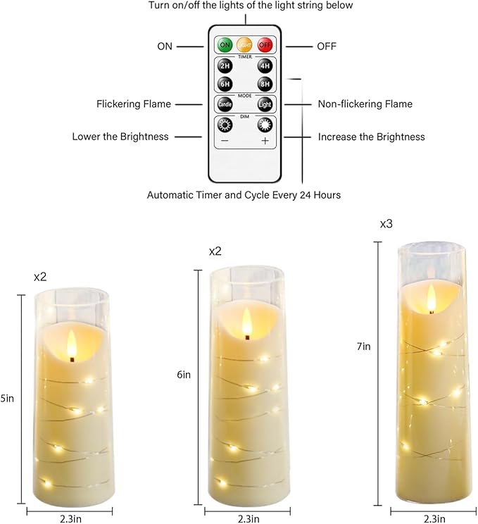 Flameless Candles with Embedded Star String, Battery Operated LED Pillar (Set of 9)