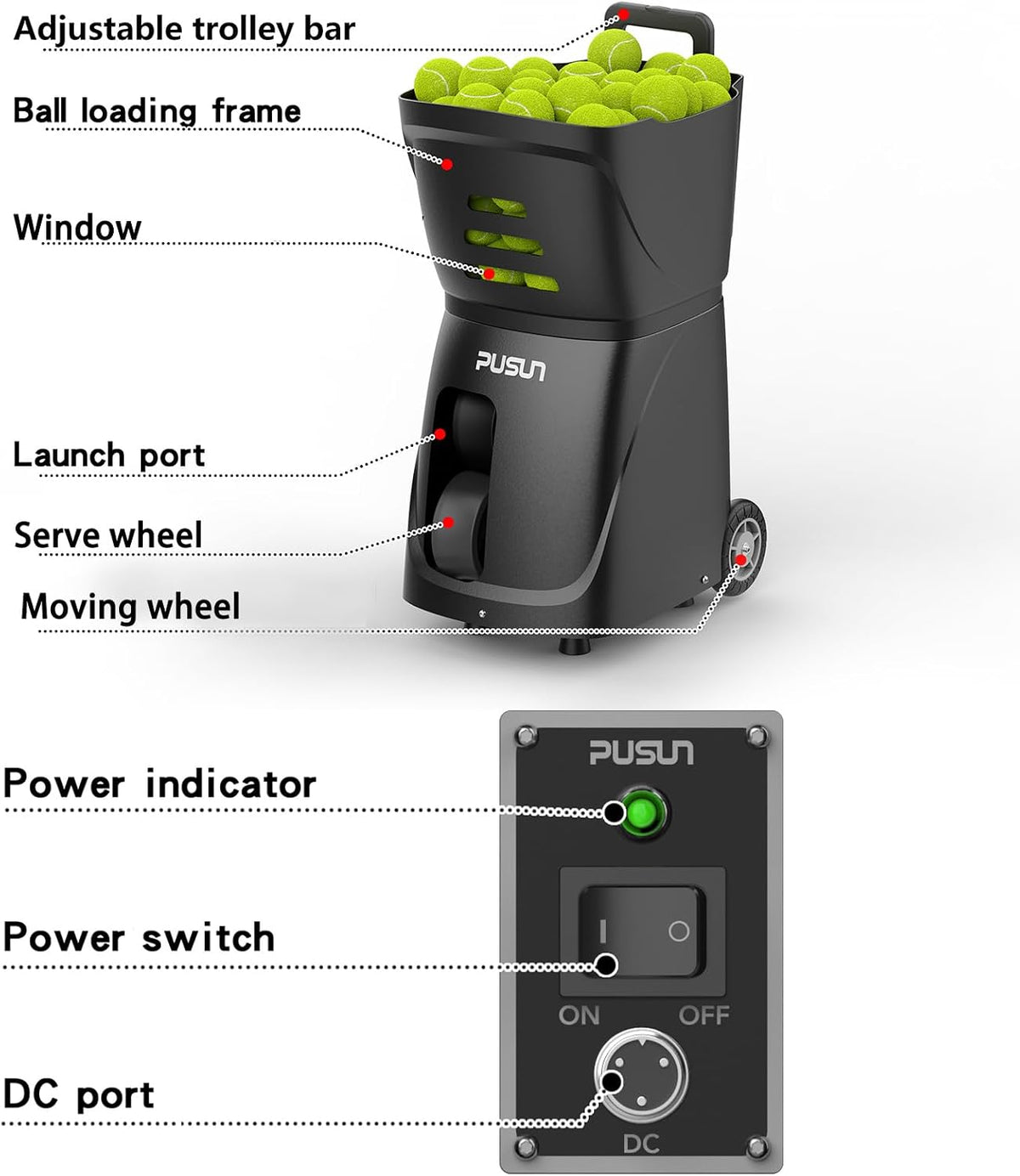 PT-SAMRT-Professional Tennis Ball Machine with App Control - 100+ Ball Capacity - 12 Training Modes - 4-6 Hours Battery Life