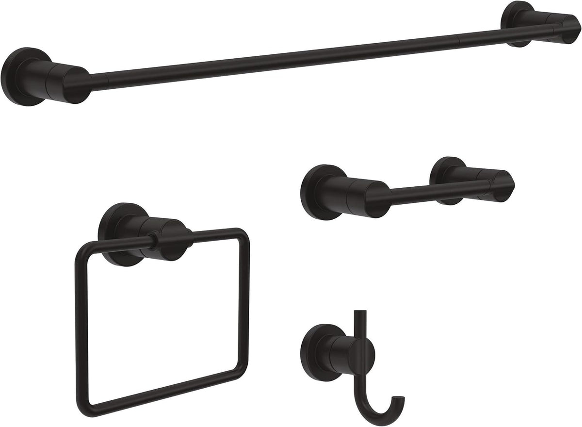 Delta 4-Piece Matte Black Bathroom Set Towel Rack, Ring, Toilet Paper Holder, Hook | Nicoli Bath Accessories