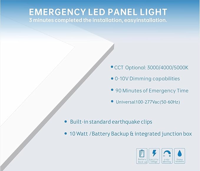 2X4 LED Flat Panel Light with Emergency Battery Backup, 50W 3000K/4000K/5000K (2 Pack)